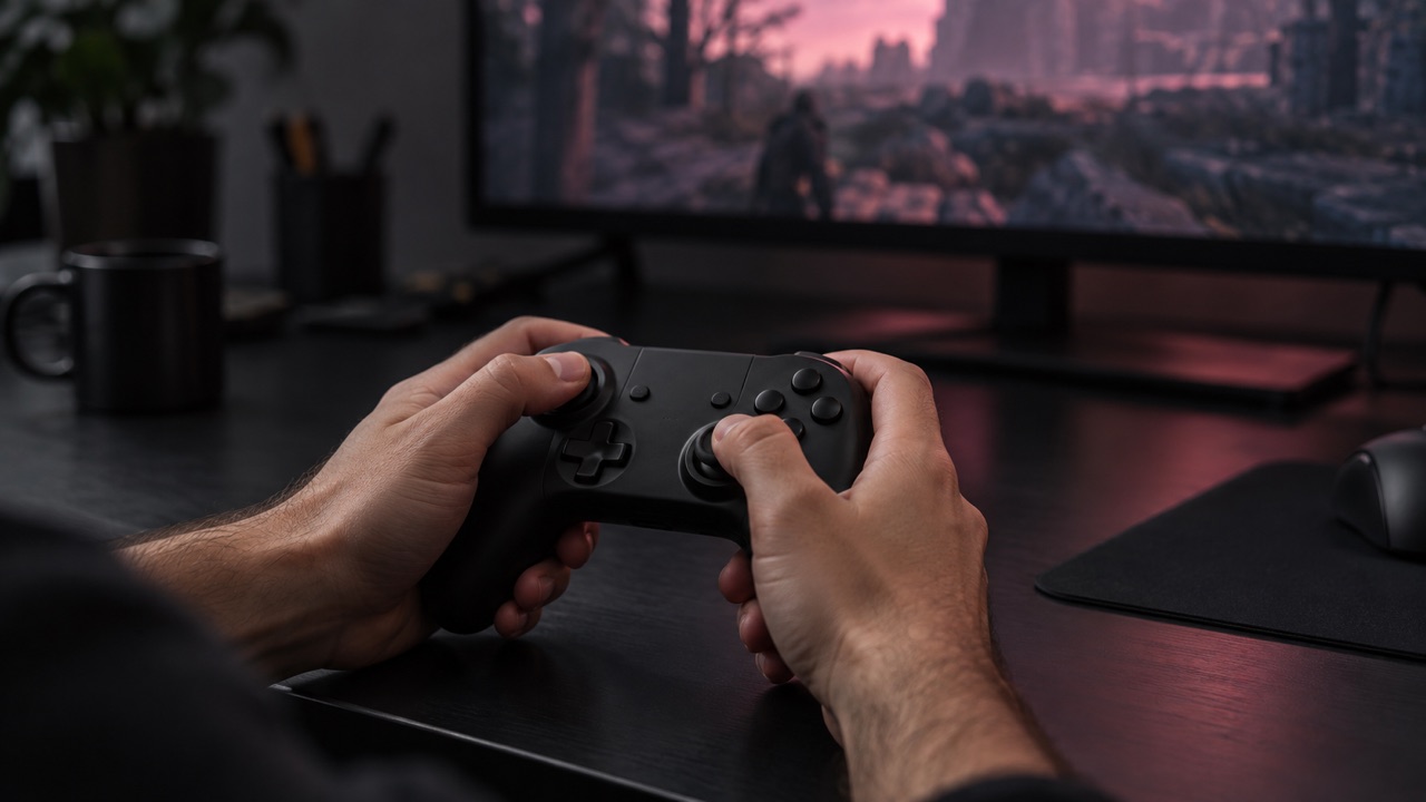 A developer holding a game controller