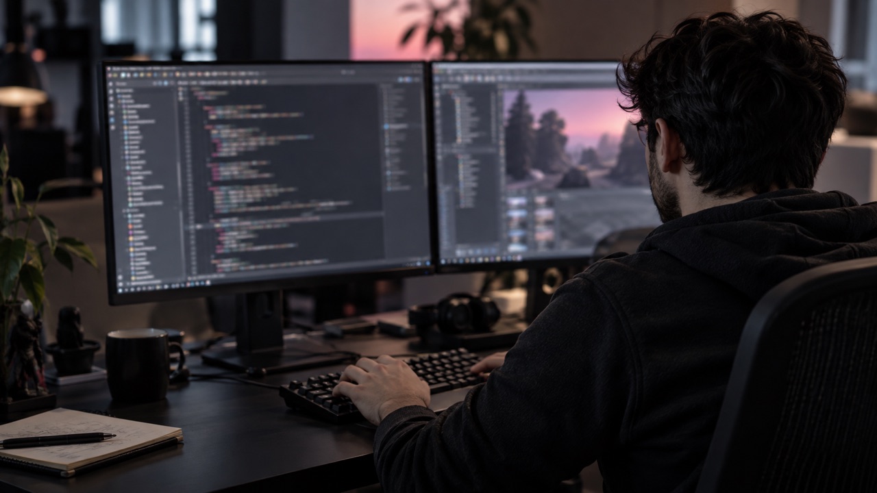 A programmer writing code at a workstation