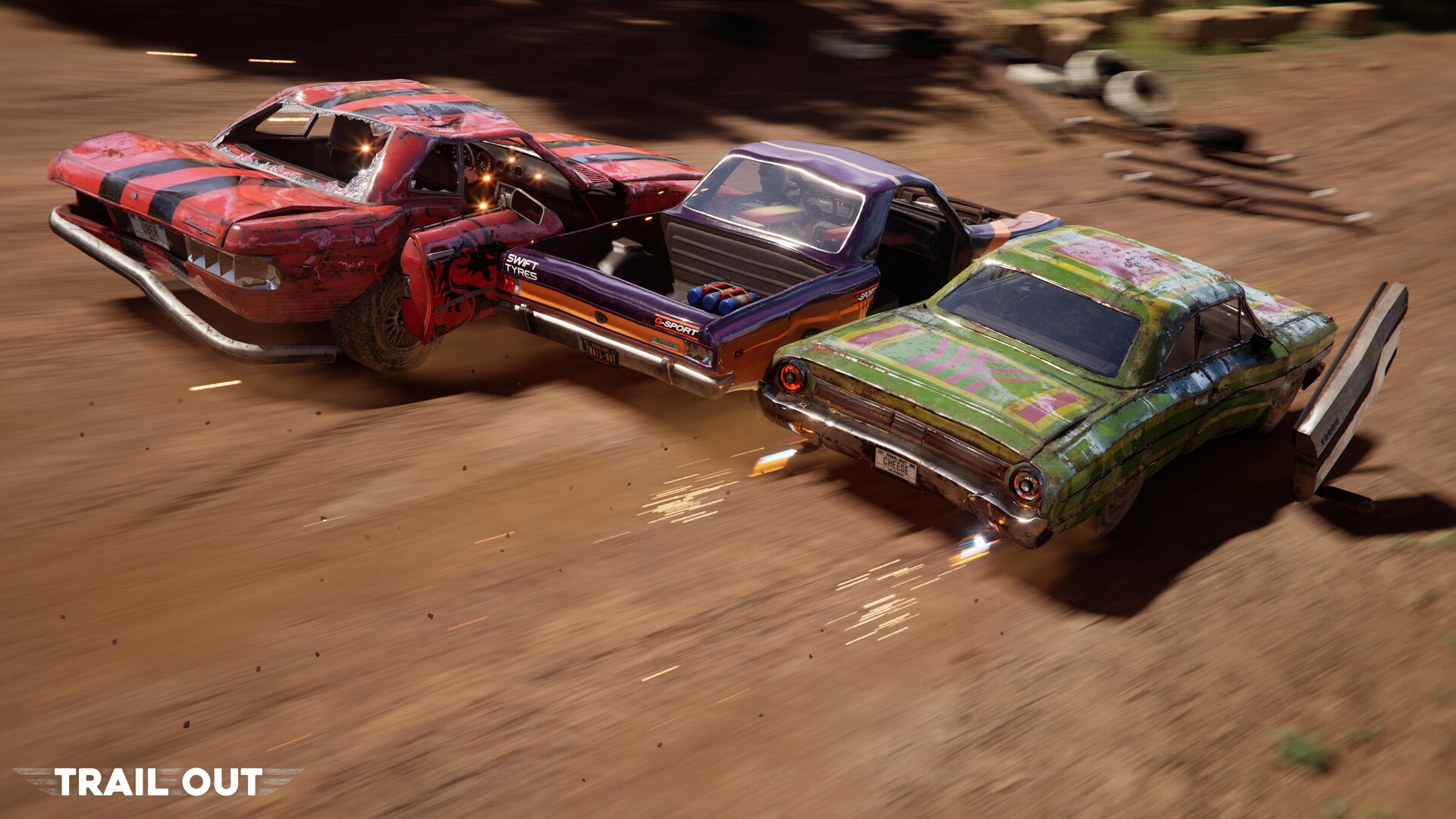 Trail Out — three cars colliding mid-race
