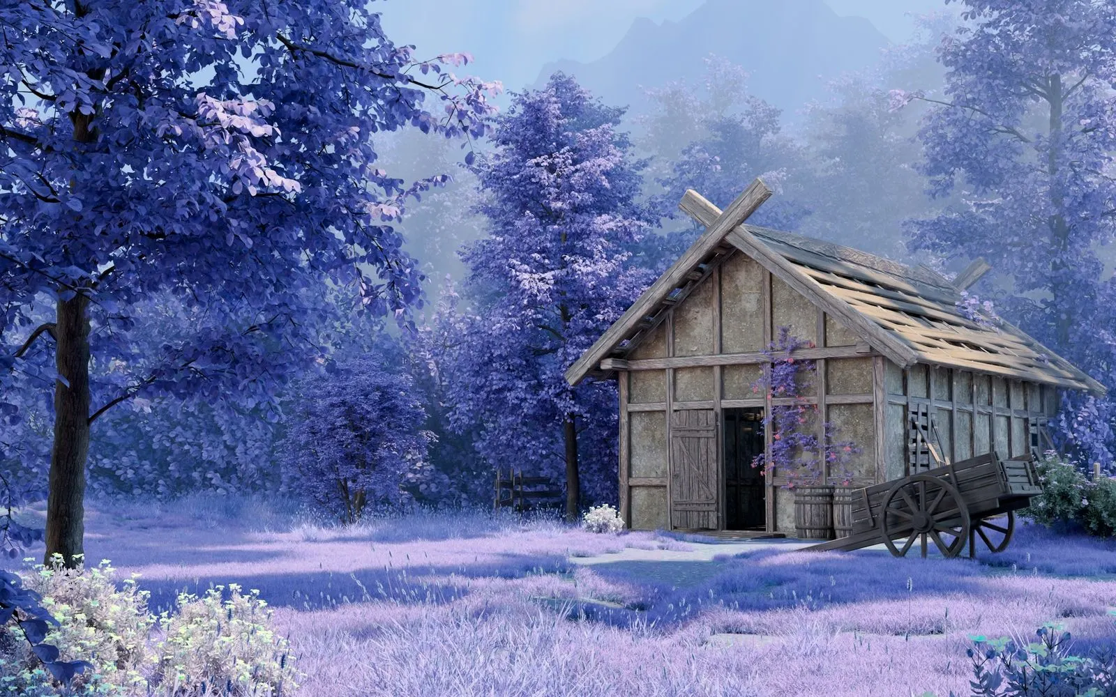 A wooden cabin in a purple forest - Remastered
