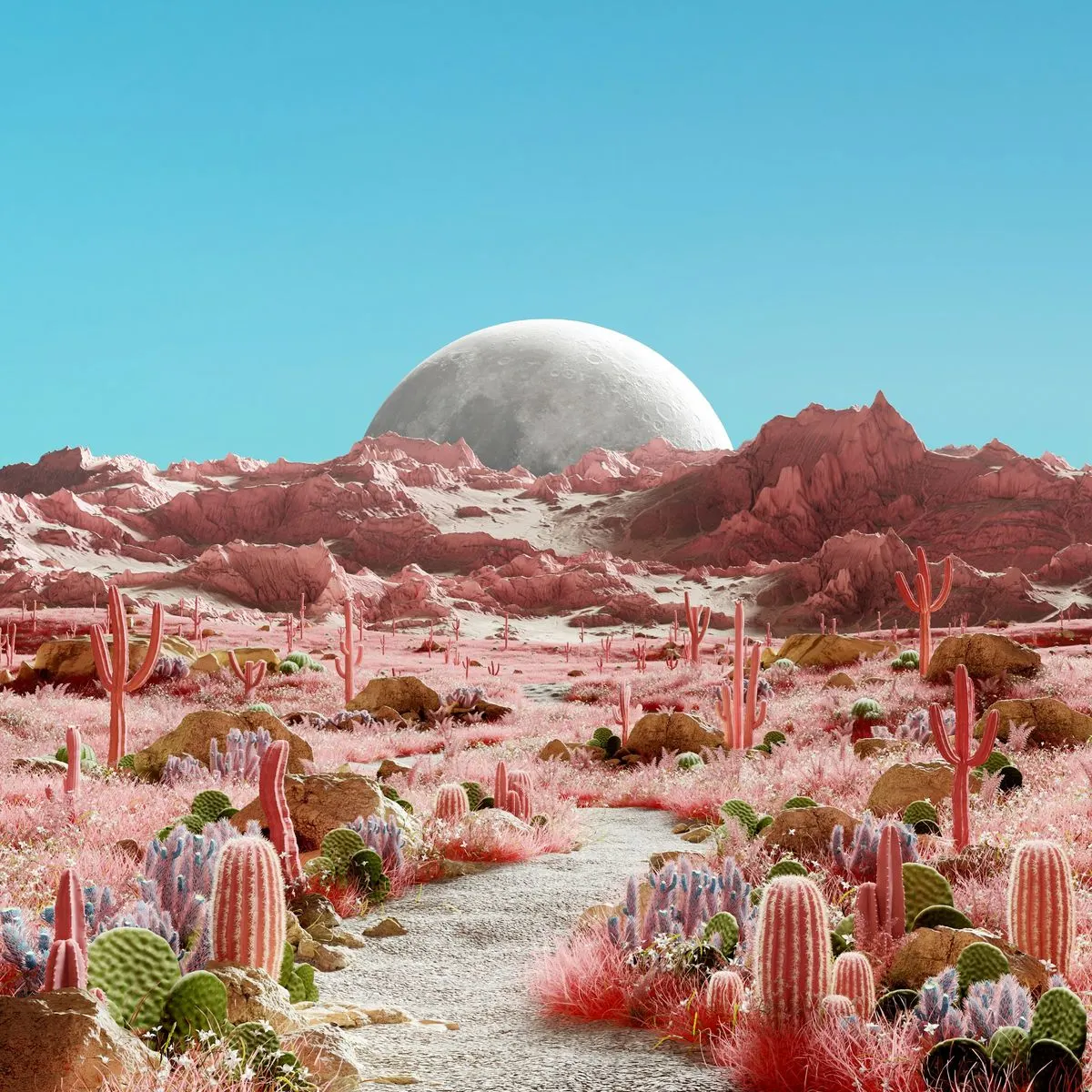 A desert path under a large moon - remastered mode