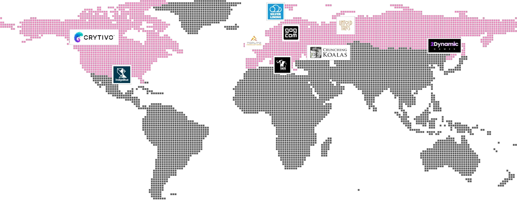 World map of publishers and developers we work with, including Crytivo, IndigoBlue, Silver Lining Interactive, Toplitz Productions, GOG.com, Untold Tales, Crunching Koalas, Tate Multimedia and 2Dynamic Games