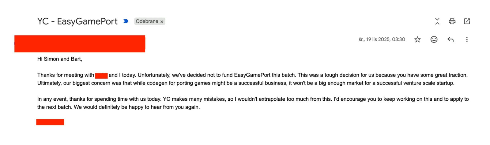 Email from Y Combinator to Simon and Bart: YC decided not to fund EasyGamePort that batch, noted its traction, and encouraged the team to keep working on it and apply again