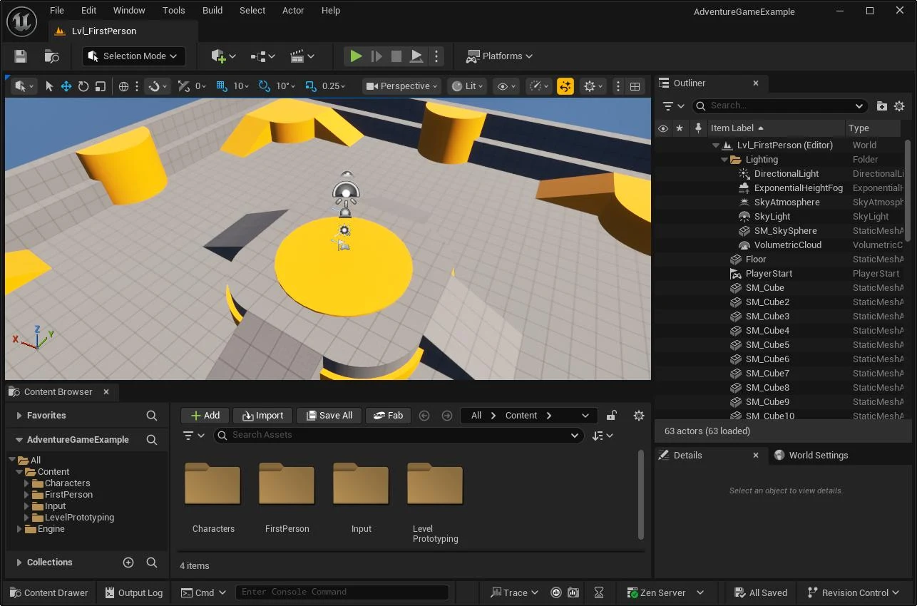 An early first-person prototype in Unreal Engine: grey blockout geometry, simple yellow placeholder shapes, default lighting and the stock editor UI - no final art, no polish, just a space to test movement and layout